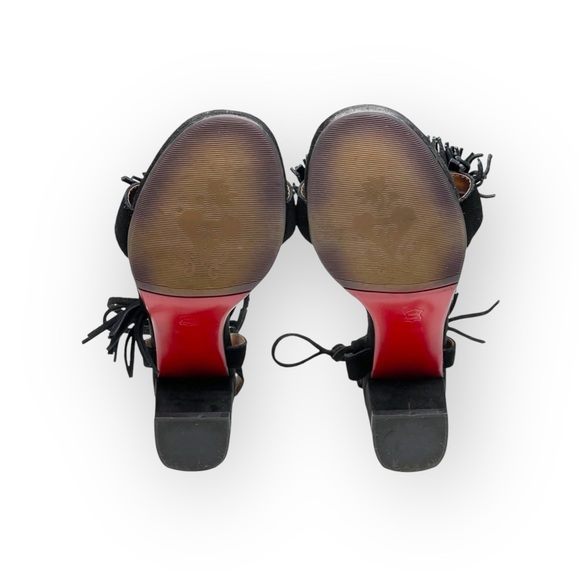 Fringe Block Heel Ankle Strap Sandals ꧁ Black Suede ꧁ 9.5M 260 ꧁ Leather Sole ꧂ - Picture 11 of 16